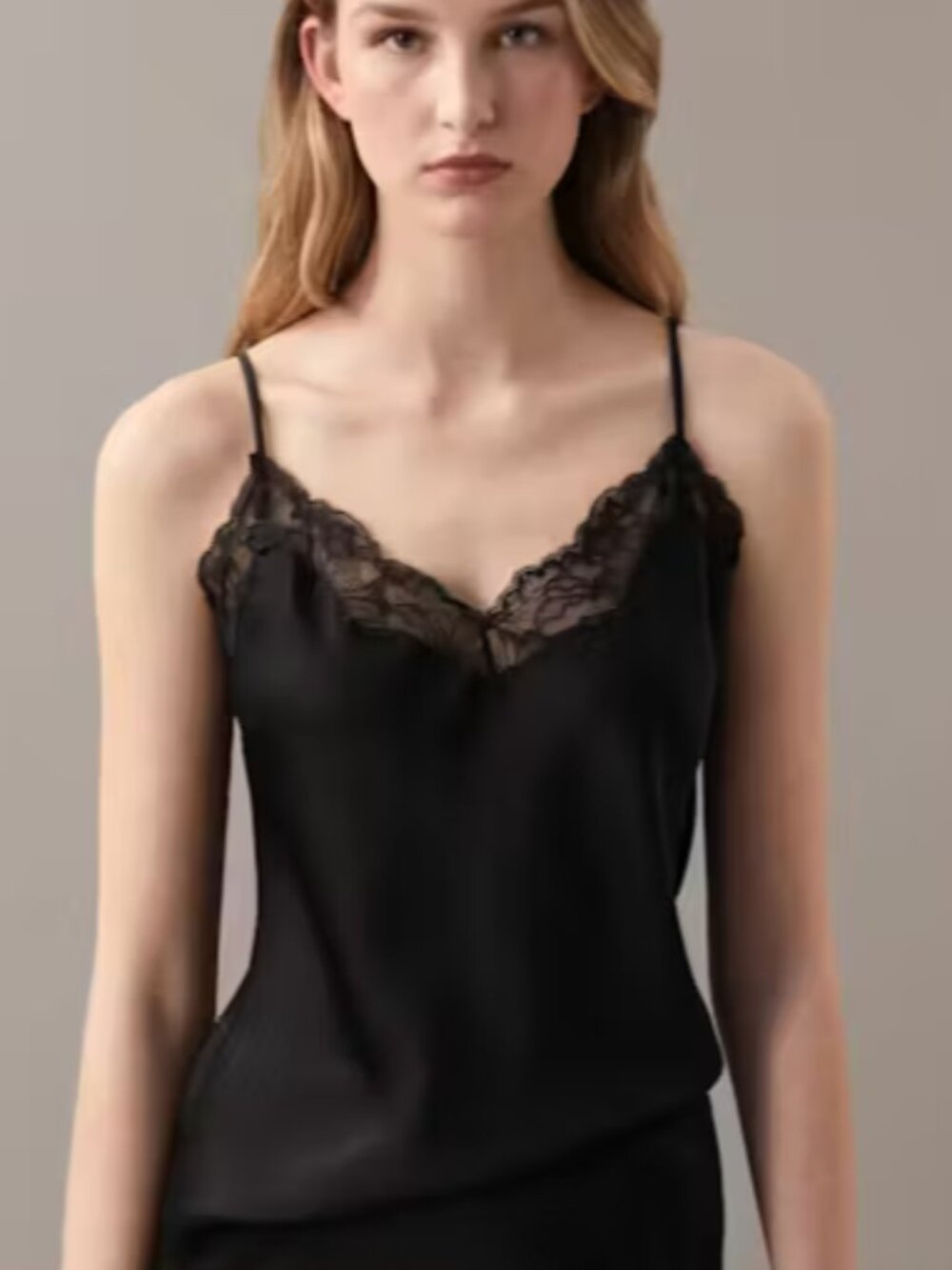 Calvin Klein Matte Satin Lace Trim Camisole Black Adjustable Straps Size Large